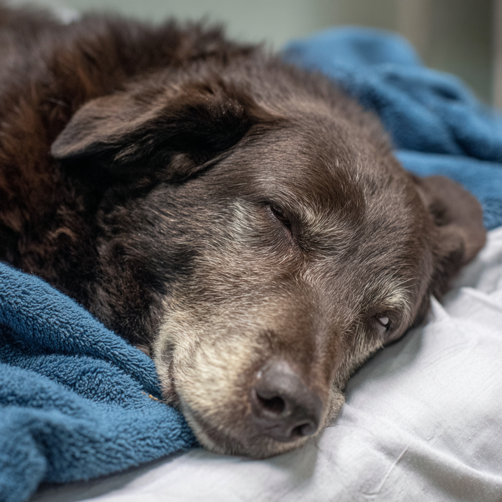 Dog resting after surgery for epulis removal.