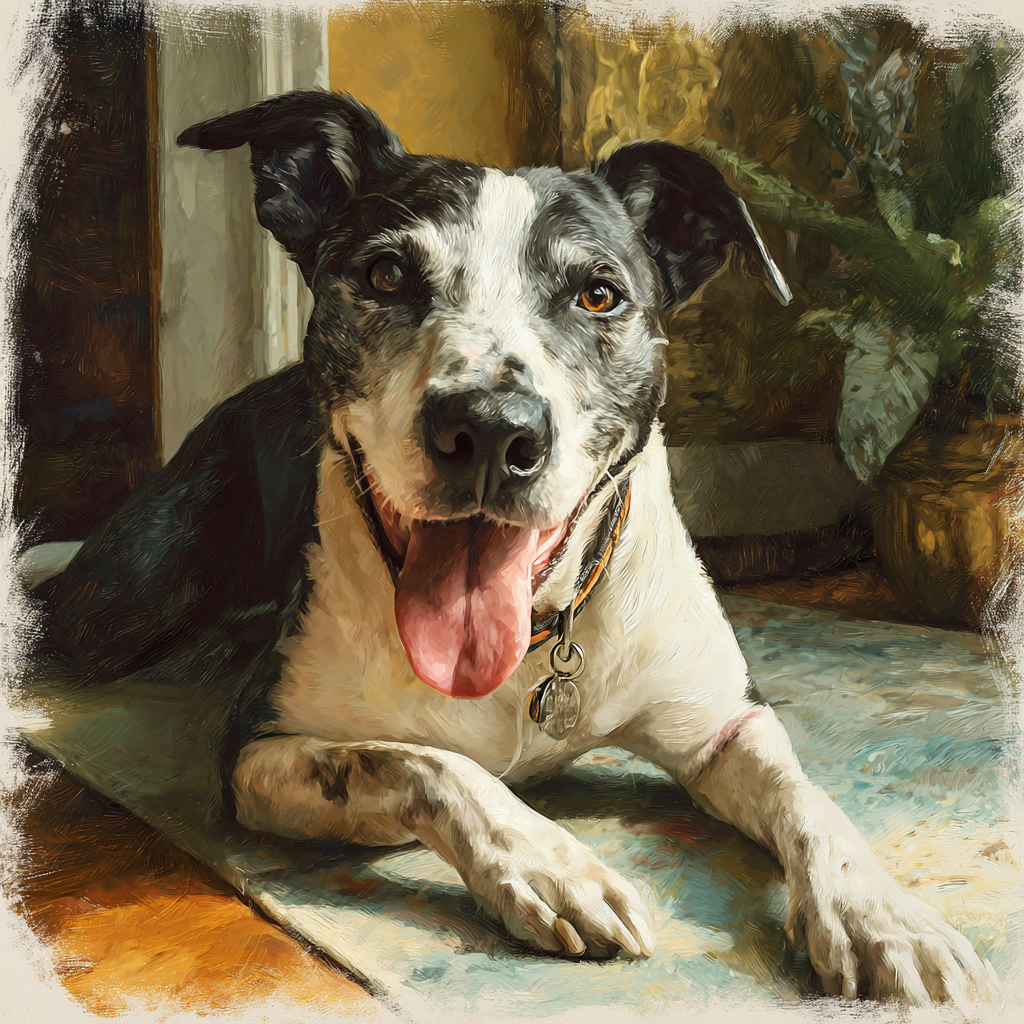 Dog with lipoma on its body in a relaxed home setting