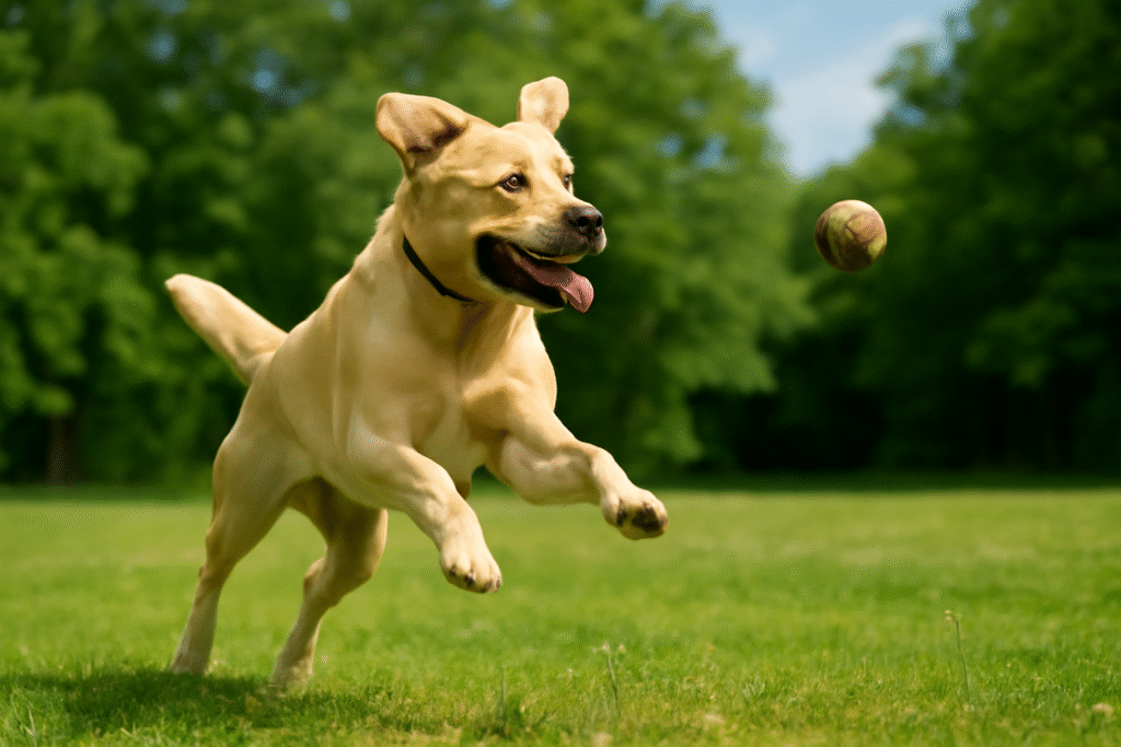A dog enjoying outdoor play, promoting the importance of exercise in cancer prevention.