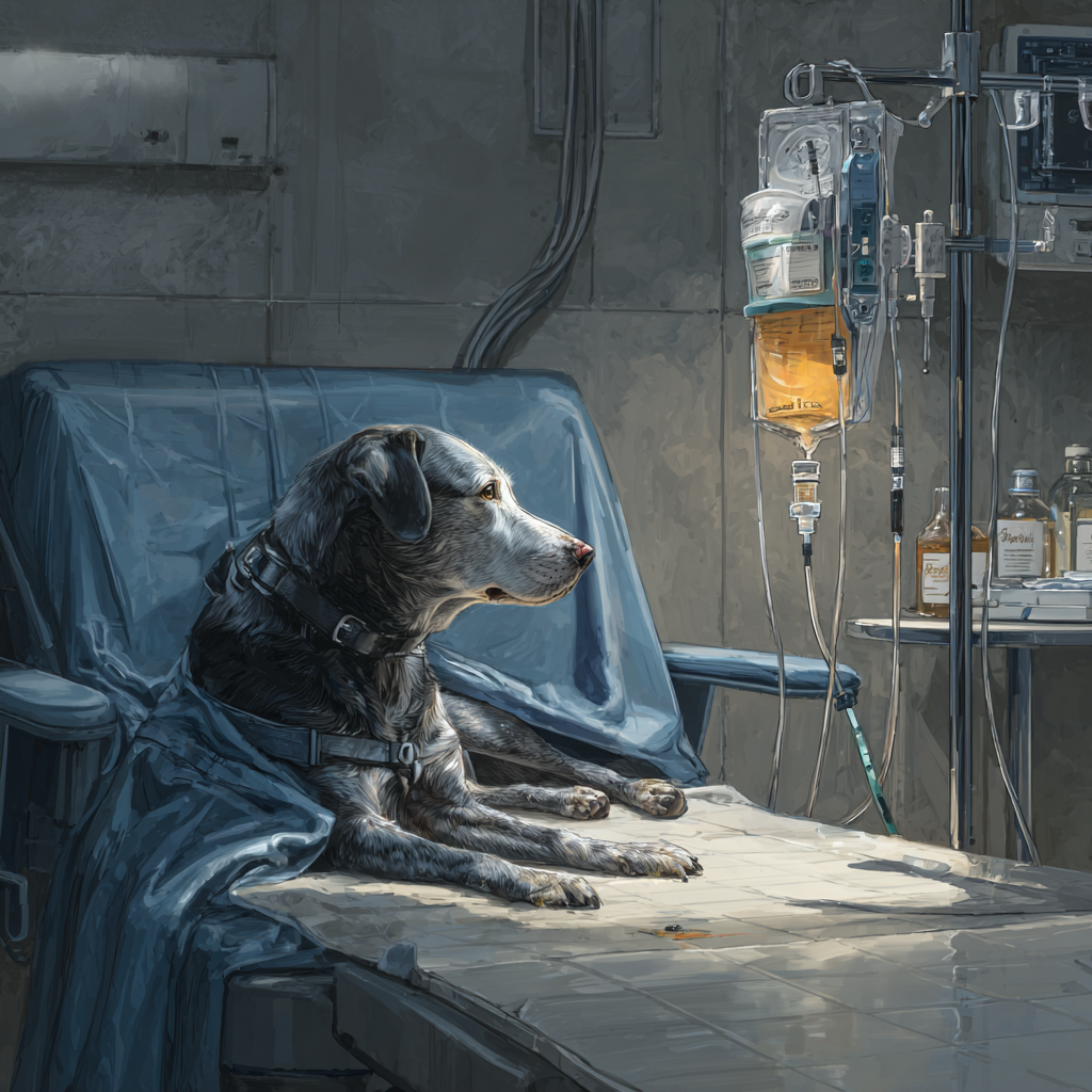 Dog receiving chemotherapy for bladder cancer in a veterinary clinic.