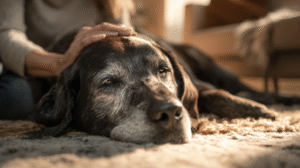 An owner providing comfort to their senior dog, illustrating compassionate care for a kidney infection in dogs.