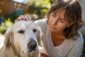 A concerned owner comforts her dog after discovering a potential health issue like a dog bloody stool.