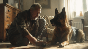 Cinematic, photorealistic hero image of a concerned middle-aged man kneeling on a living room floor, looking intently at his beautiful German Shepherd who is lying down and panting heavily. The lighting is soft and warm, coming from a nearby window, creating an emotional and slightly worried atmosphere. The focus is sharp on the dog's face and the owner's caring expression. --ar 16:9 --style raw --v 6.0