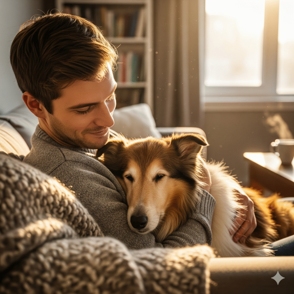 A man comforting his Rough Collie dog, symbolizing support for a pet with stomach cancer.