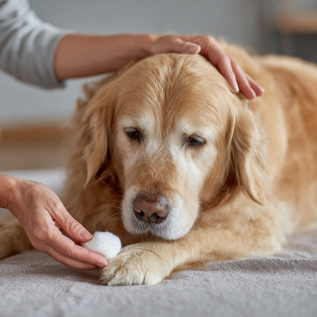A veterinarian demonstrating how to properly wrap a bandage on a dog's leg in a clean, well-lit clinic setting. The dog is calm and cooperative.
