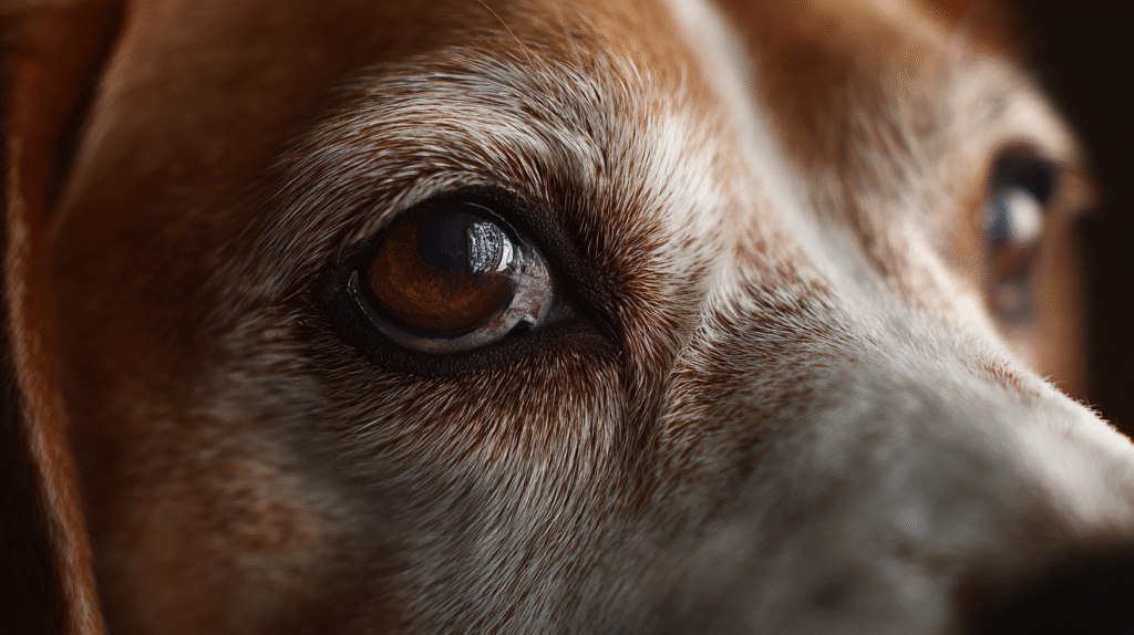 A close-up of a senior dog's cloudy eye, a common sign among the symptoms of sugar diabetes in dogs.