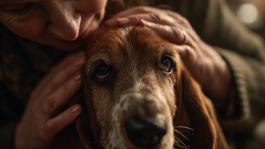 A concerned owner providing comfort as part of a dog ear infection cure home remedy for their Basset Hound.