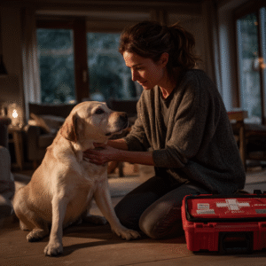 A woman providing dog first aid to her Labrador retriever at home, demonstrating calm and preparedness in an emergency.