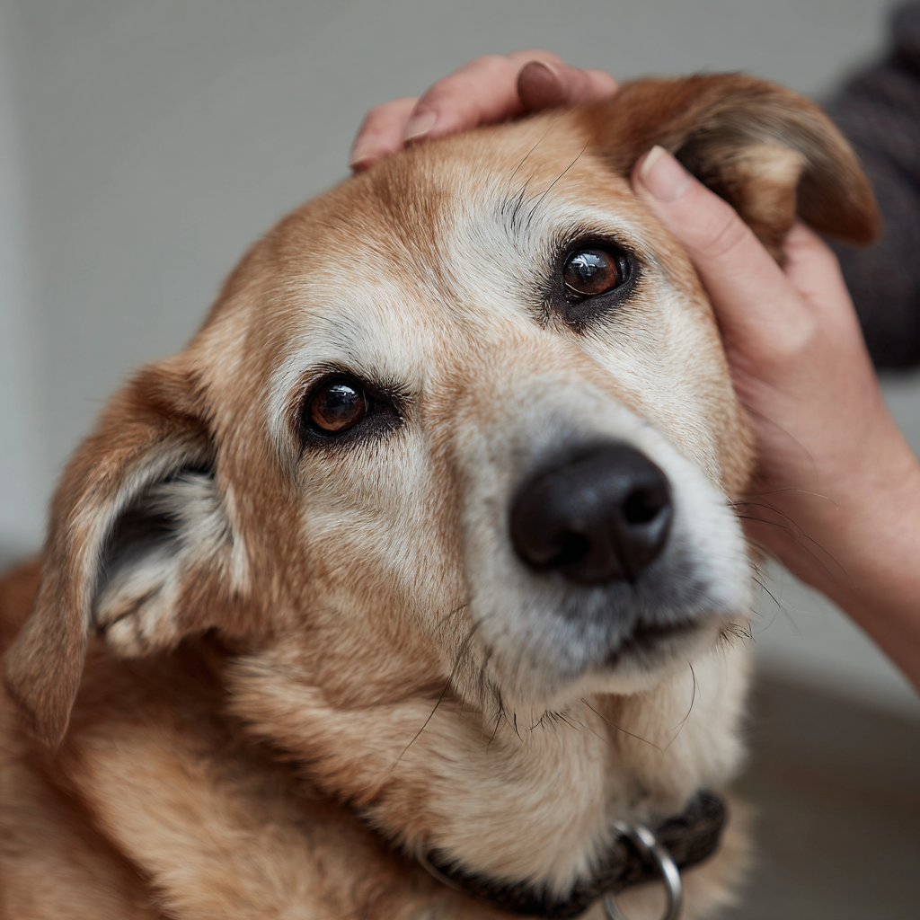 Senior dog showing signs of head pressing, a symptom of brain tumors.