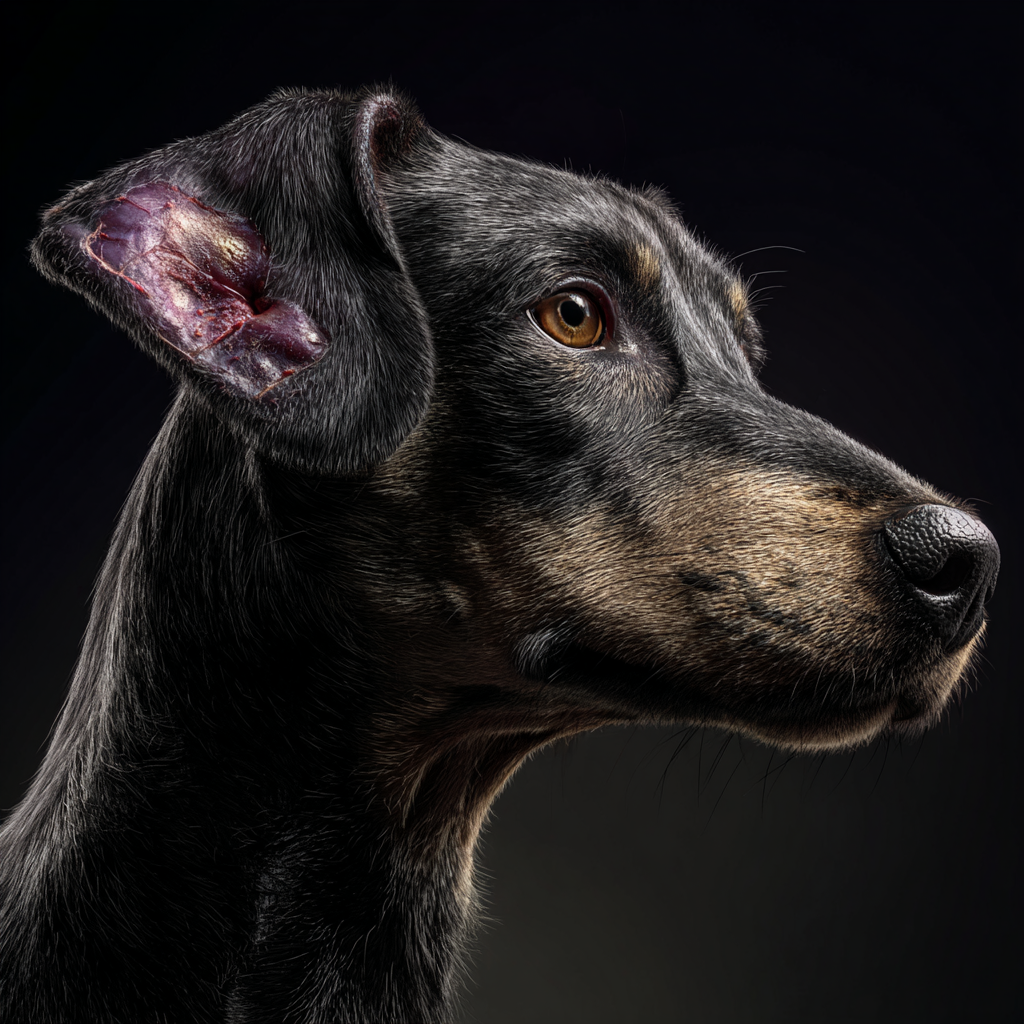 A realistic image of a dog with a noticeable skin tumor on its ear.