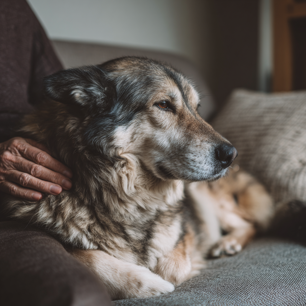 A dog in remission from lymphoma rests comfortably with its owner on the couch, enjoying a high quality of life.