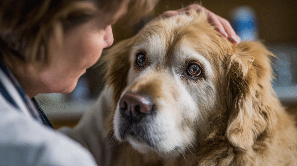 A golden retriever licking its paw, which is a subtle sign of how to tell a dog has pain.