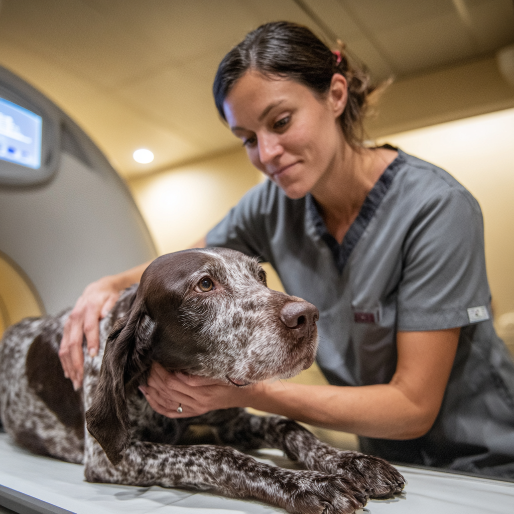 Veterinarian performing an MRI scan on a dog to diagnose brain tumor.