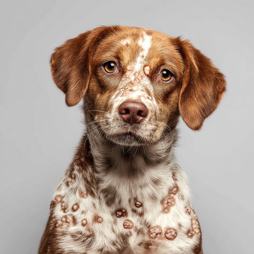 Dog with papillomavirus warts, a potential cause of skin lesions and cancer in rare cases.