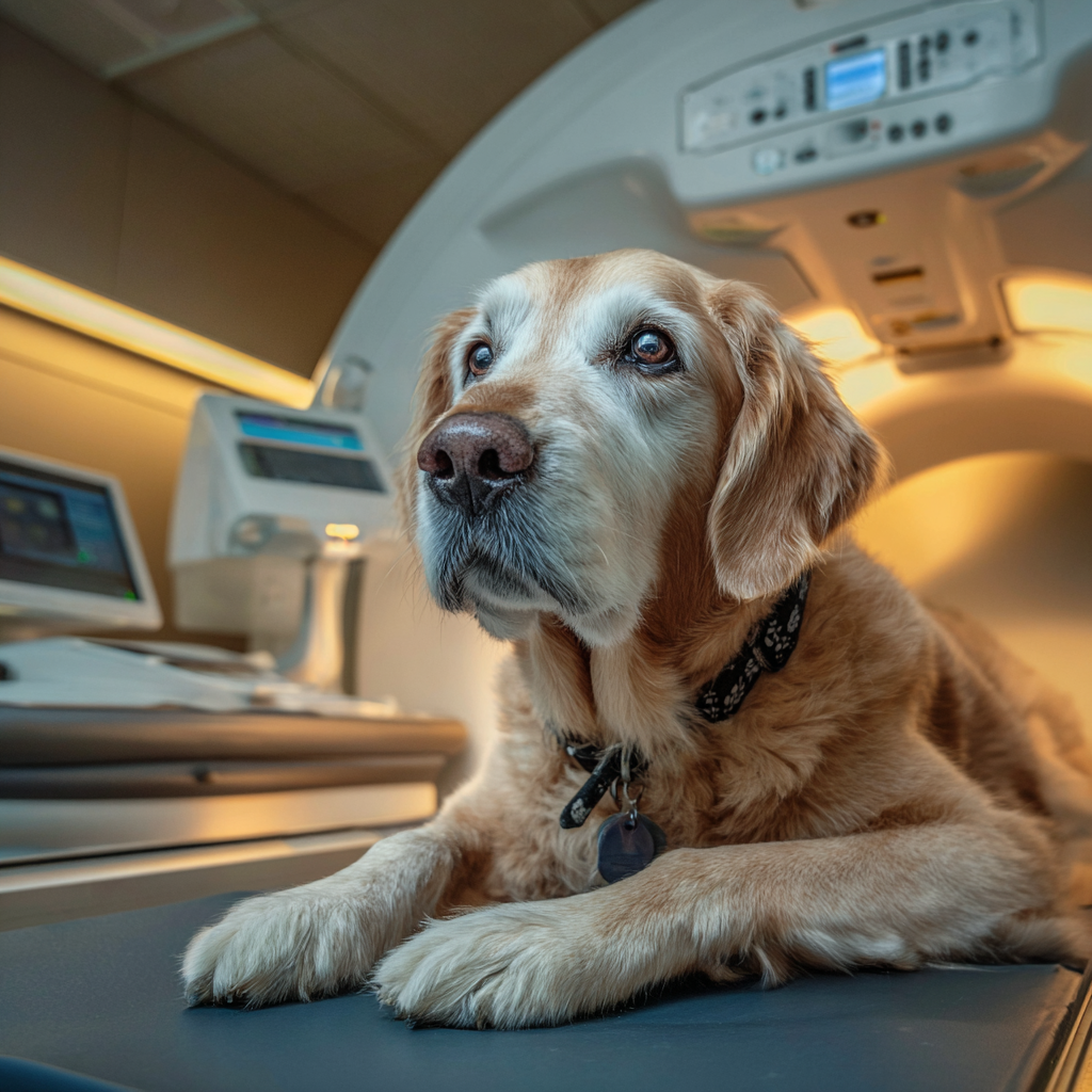 Dog receiving radiation therapy for brain tumor treatment.