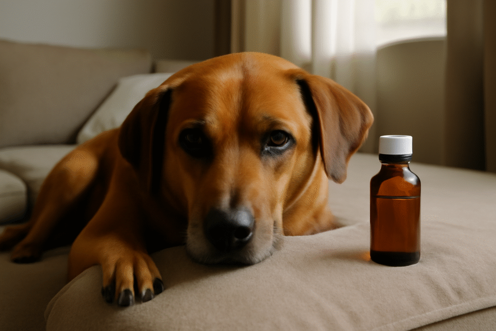 Dog resting at home with natural remedy for histiocytoma treatment.