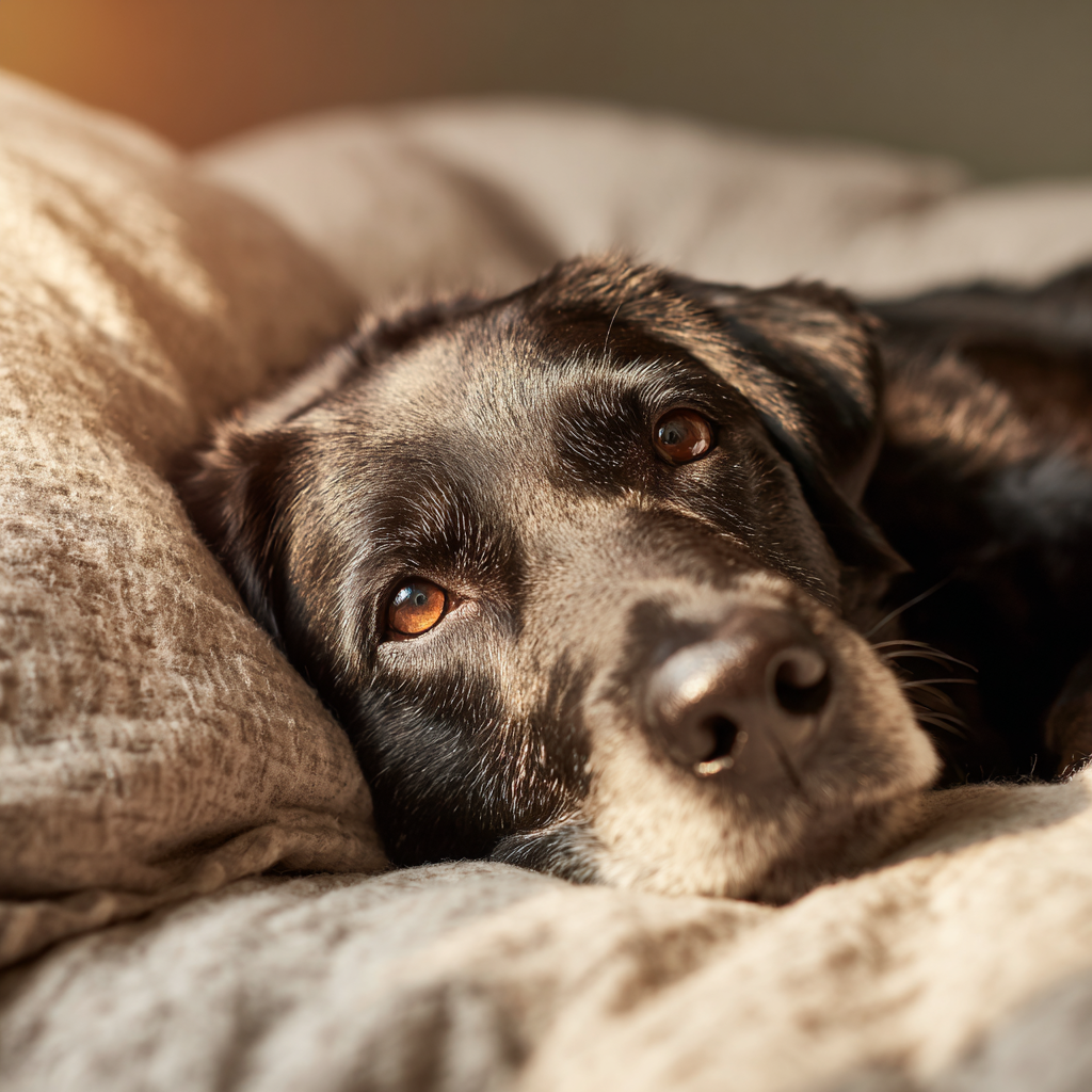 A dog resting after using Vitaplus to manage cancer symptoms and reduce inflammation.