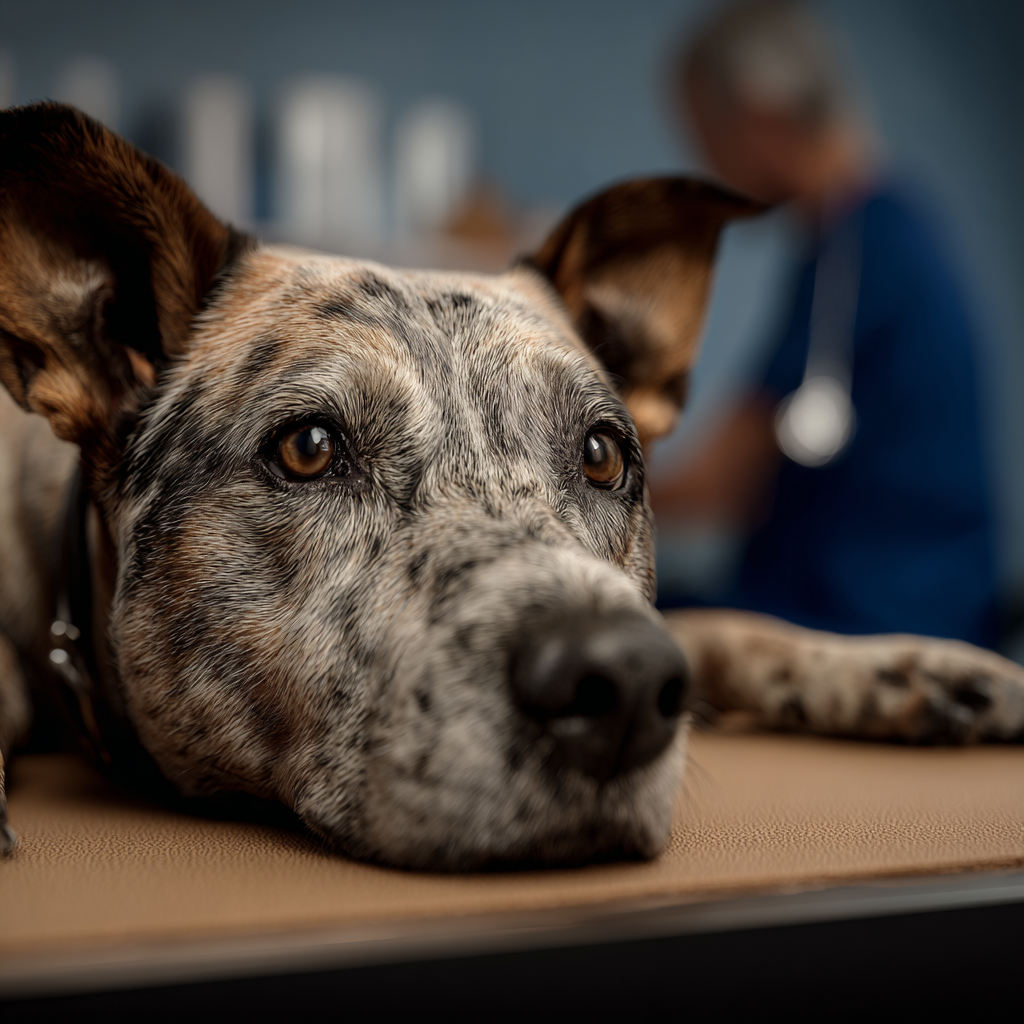 A realistic, high-quality image of a dog at the veterinary clinic undergoing an examination for hemangiosarcoma.