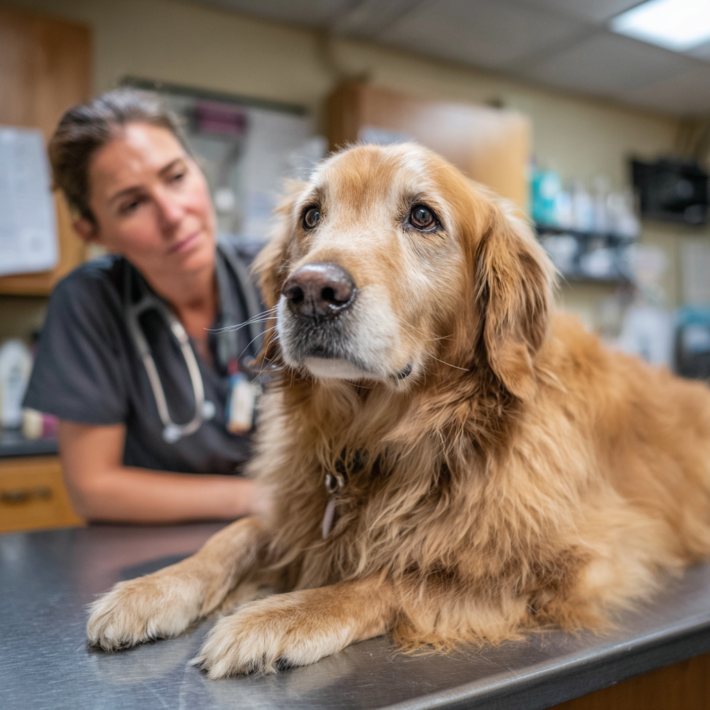 Dog at the vet for cancer diagnosis exam