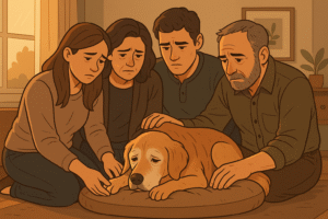 Family gathered around an elderly dog on its bed, sharing a quiet moment of grief.