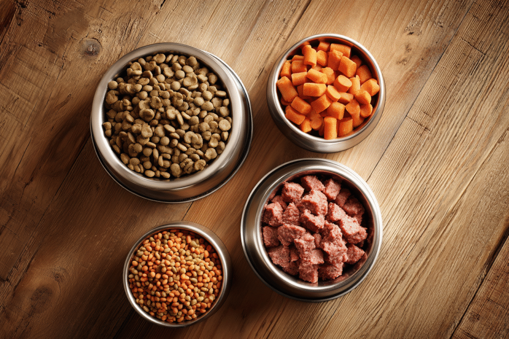 A variety of dog food bowls with different types of healthy kibble, wet food, and raw ingredients.