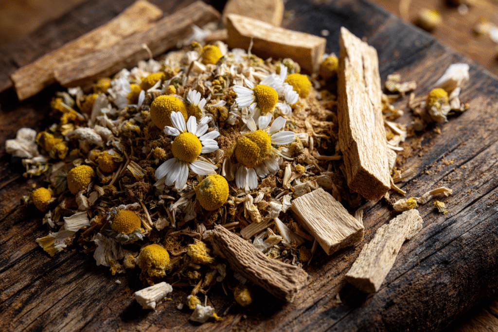 A collection of dried herbs like chamomile flowers, marshmallow root, and licorice root arranged on a wooden surface.