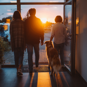 Family leaving the vet after discussing canine carcinoma plan