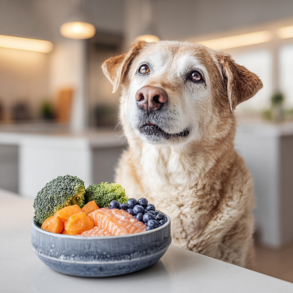 A dog looking at a bowl of anti inflammatory foods for dogs, including salmon, blueberries, and vegetables.