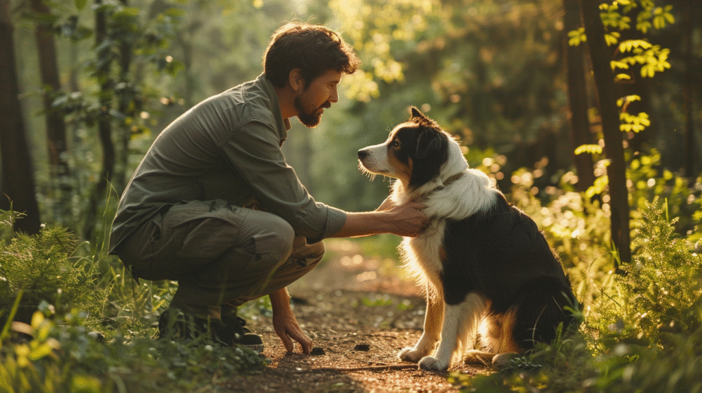 A concerned owner checks his dog's paw on a trail, trying to understand why my dog is limping but shows no sign of pain.