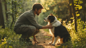 A concerned owner checks his dog's paw on a trail, trying to understand why my dog is limping but shows no sign of pain.
