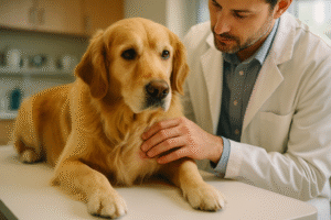 Veterinarian examining a dog for a mast cell tumor during a routine check-up.