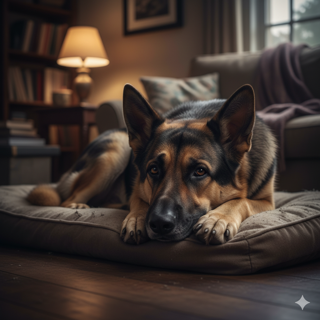 A medium shot of a visibly lethargic German Shepard
