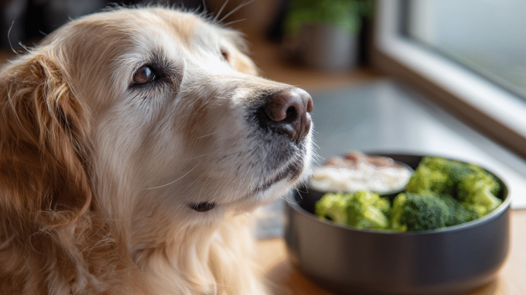 A bowl of fresh no carbohydrate dog food being observed by a healthy Golden Retriever.
