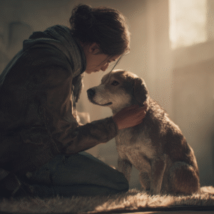 A concerned owner comforting their unwell dog, which is showing signs of canine nausea, by gently stroking its back.