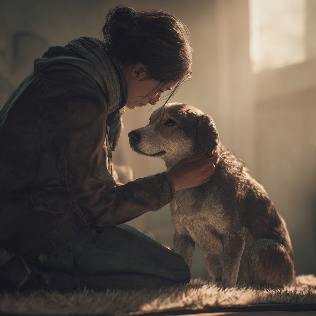 A concerned owner comforting their unwell dog, which is showing signs of canine nausea, by gently stroking its back.