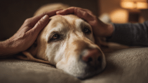A concerned owner comforting their sick dog, illustrating the emotional journey of dealing with symptoms of liver disease in dogs.