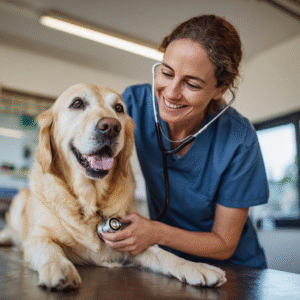 A veterinarian carefully examining a dog, representing comprehensive care for dog cystitis and UTI prevention.