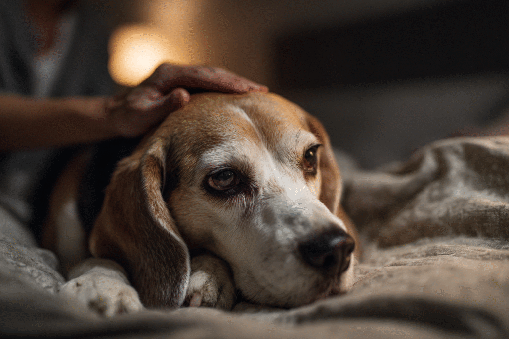 A worried senior dog experiencing dog panting at night, highlighting a common concern for older pet owners.