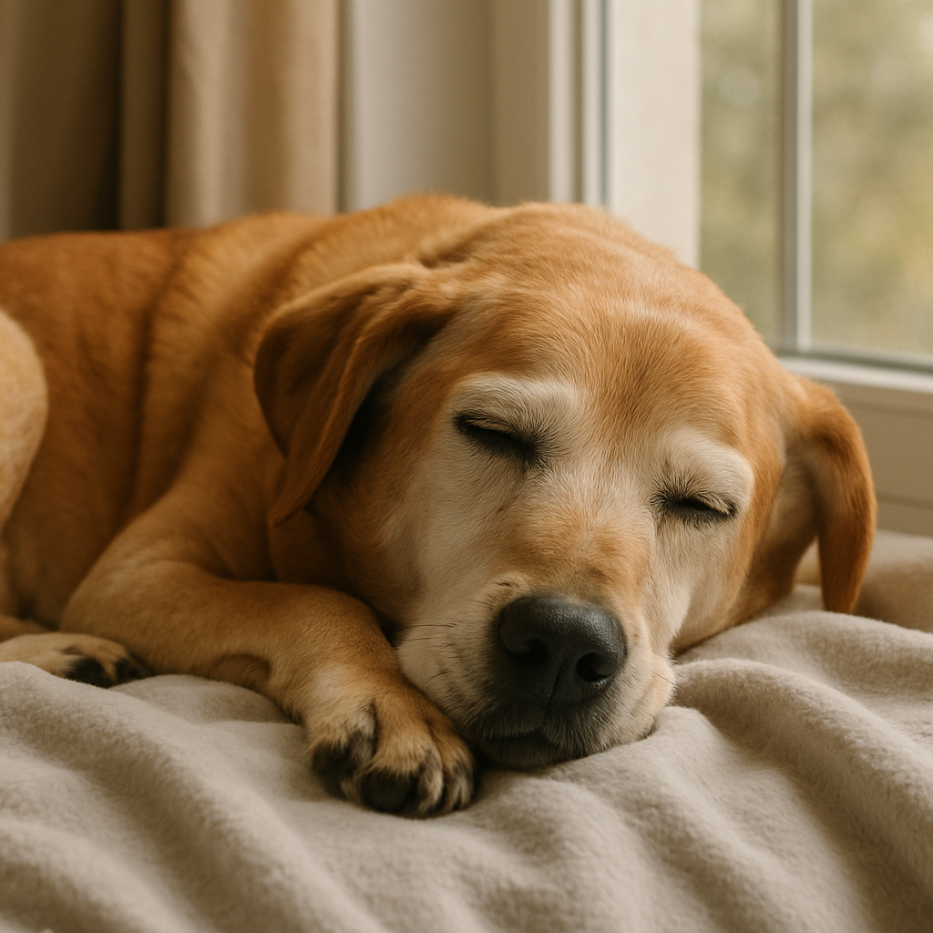 Elderly dog resting peacefully on a soft blanket near a window