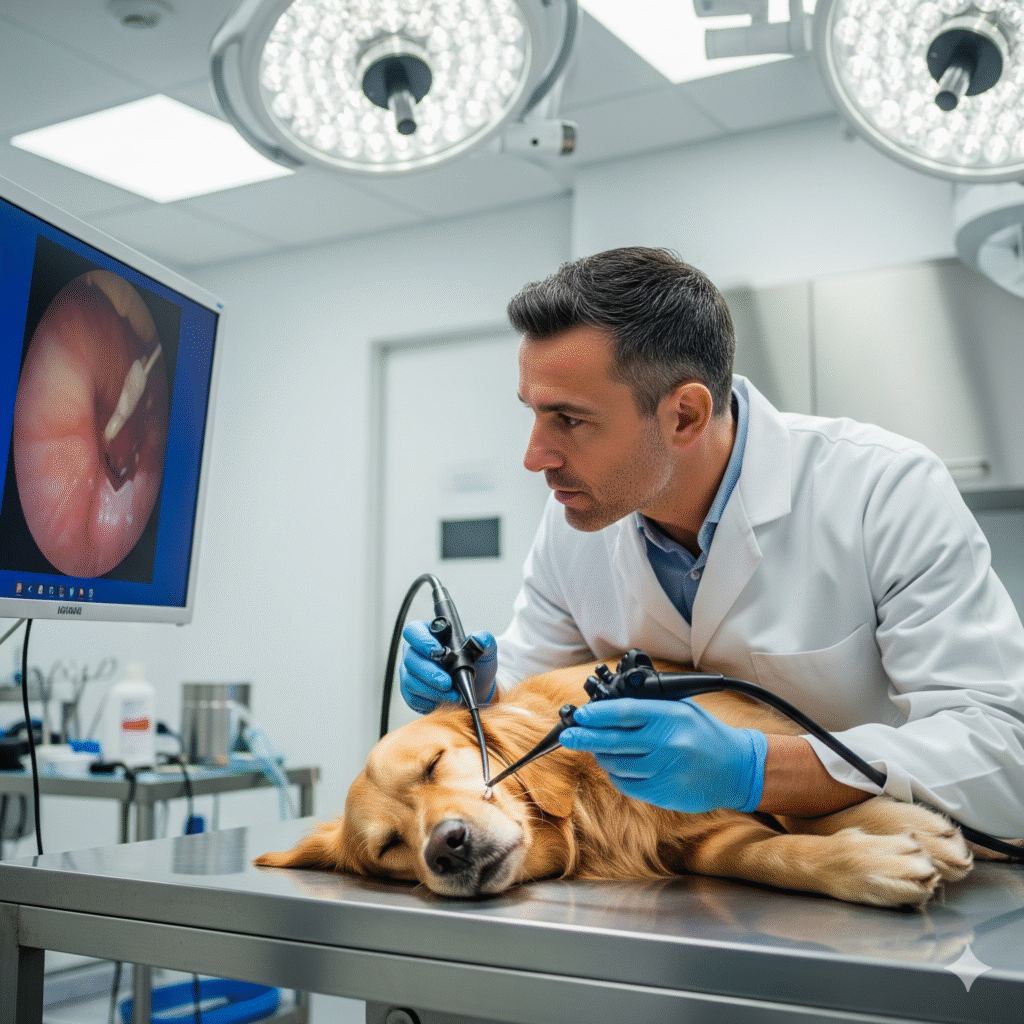 A veterinarian performing an endoscopy on a dog to diagnose stomach cancer.