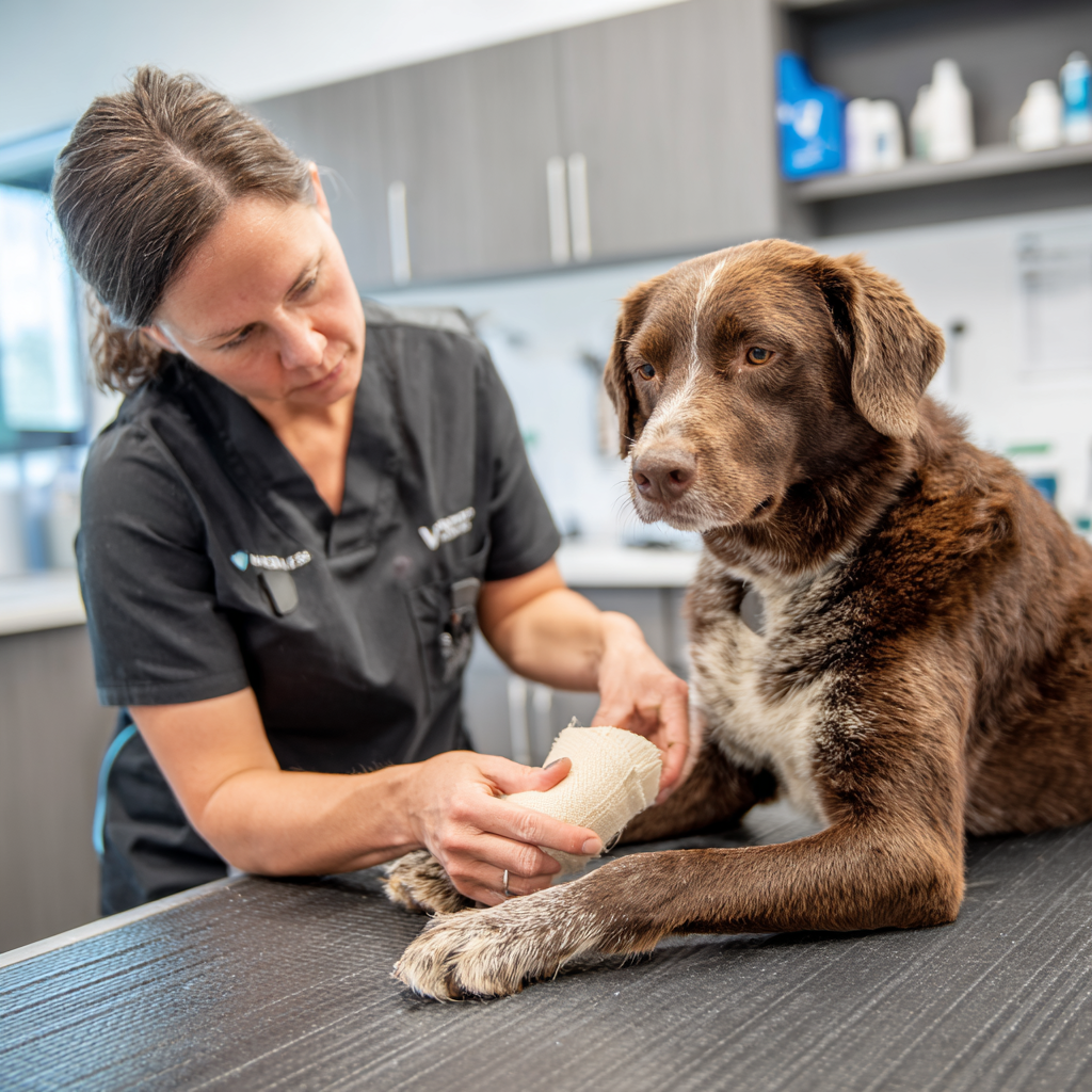 A veterinarian demonstrating how to properly wrap a bandage on a dog's leg in a clean, well-lit clinic setting. The dog is calm and cooperative.
