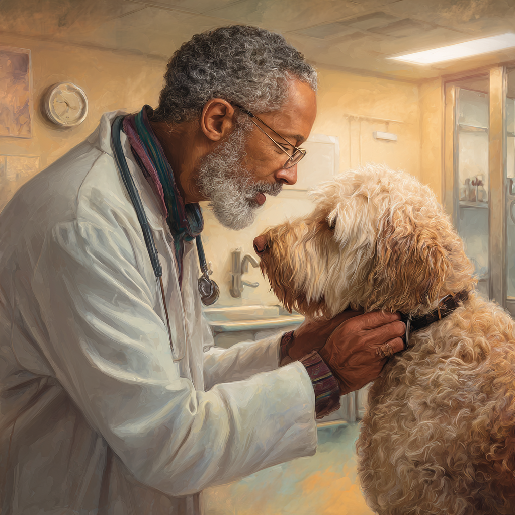 A compassionate veterinarian checks a dog's lymph nodes, a key part of the lymphoma examination.