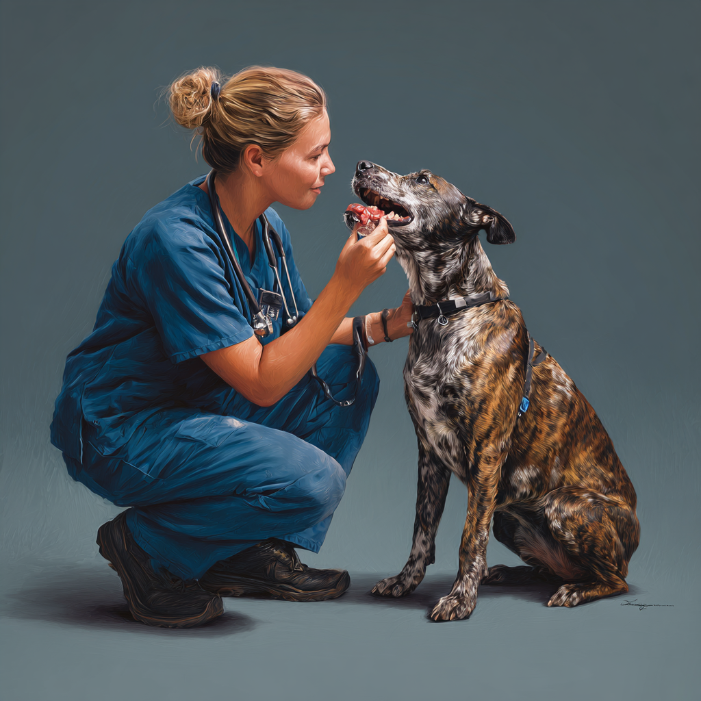Veterinarian examining a dog’s mouth showing a visible tumor growth.