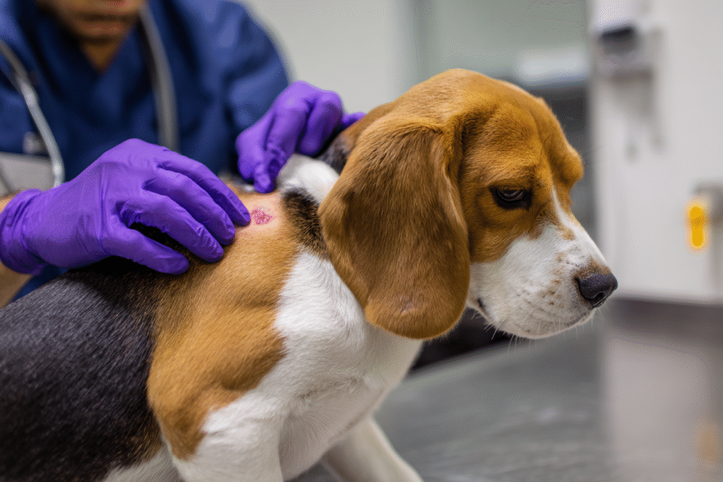 A veterinarian carefully inspects a beagle's irritated skin to diagnose the cause of its itching.