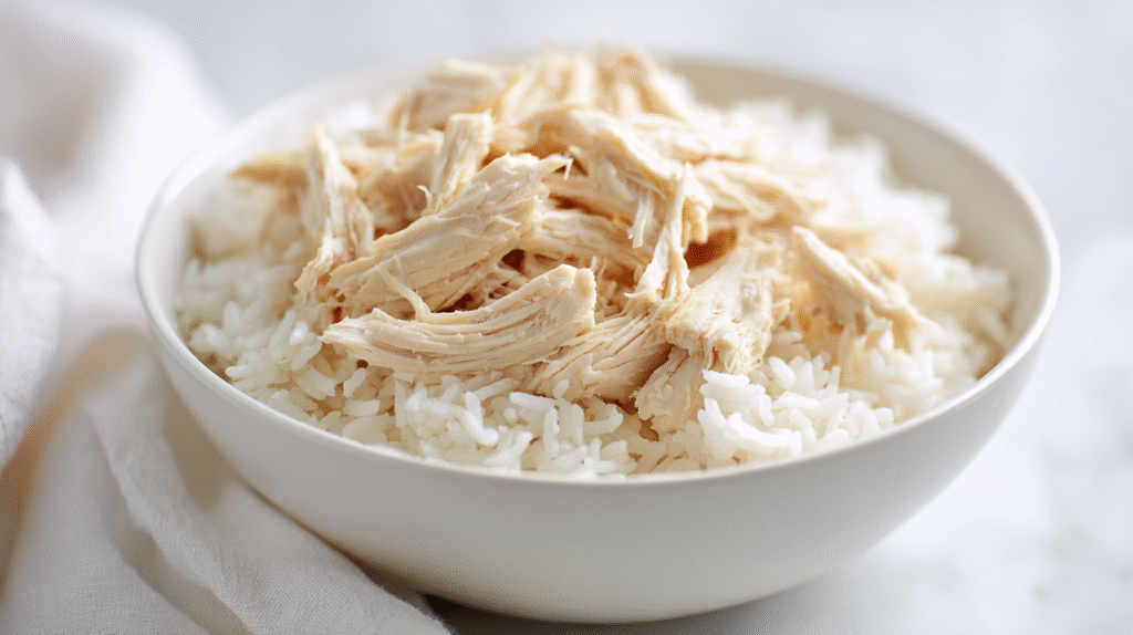 A bowl of chicken and rice, a common answer to what to give dog for upset stomach