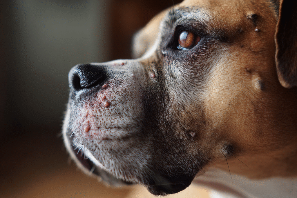 A close-up view of mild red bumps on a dogs chin, characteristic of dog acne.