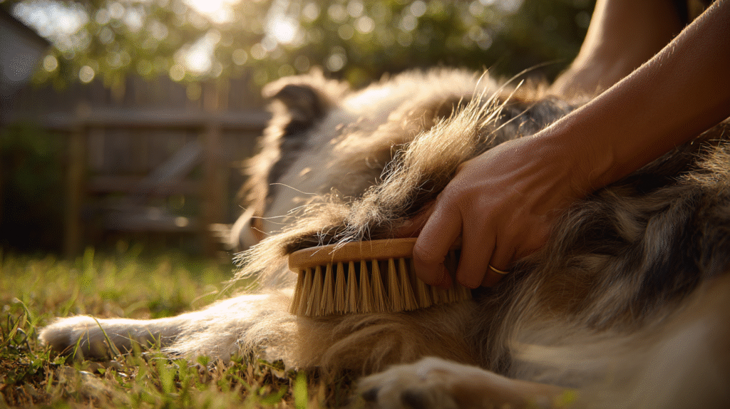Brushing a long-haired dog, an effective dog hairball remedy and prevention method.