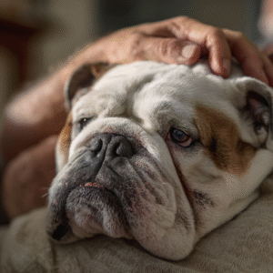 A concerned owner comforting their dog who has visible bumps on dogs chin.