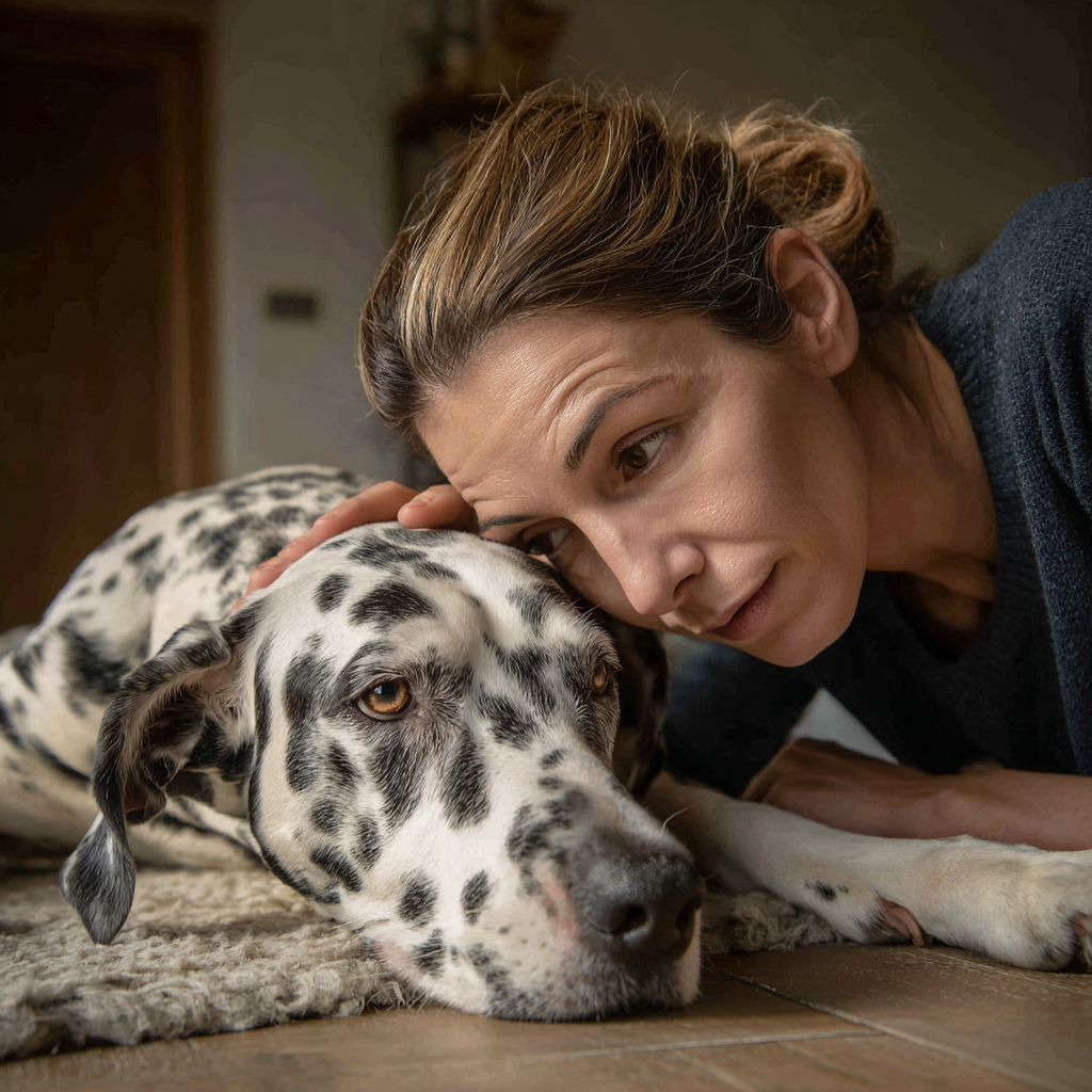 A concerned pet owner comforting her sad golden retriever, wondering how do you know if your dog has worms.