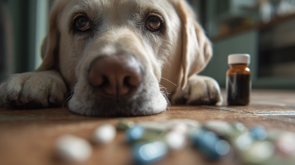 A dog sniffing spilled human pills, highlighting the danger of using the wrong dog cold medicine.